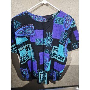 Risa Color Block Blouse Shirt Blue Purple Black Vintage Women's Large USA Made